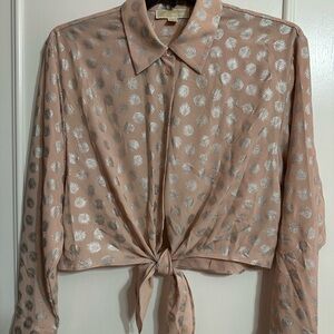 Michael Kors Blush Pink Button-Down Tie-Front Shirt with Metallic Print